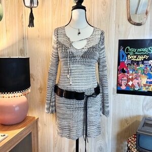 Women's Small Crochet Beaded Tie Front Mini Dress Sweater Top